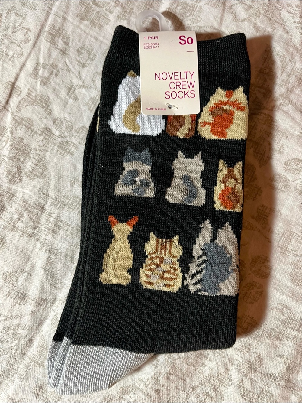 Novelty Crew Socks with Cat Butt Grid